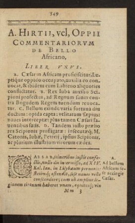 A. Hirtii, vel, Oppii Commentariorum De Bello Africano, Liber Unus.