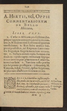 A. Hirtii, vel, Oppii Commentariorum De Bello Africano, Liber Unus.