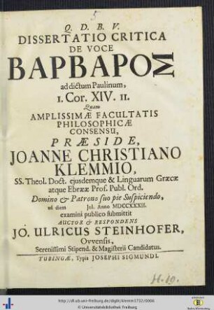 Dissertatio Critica De Voce Barbaros ad dictum Paulinum, I. Cor. XIV. II.