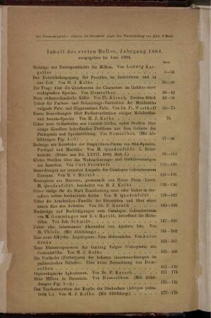 Inhalt des. ersten Heftes, Jahrgang 1884