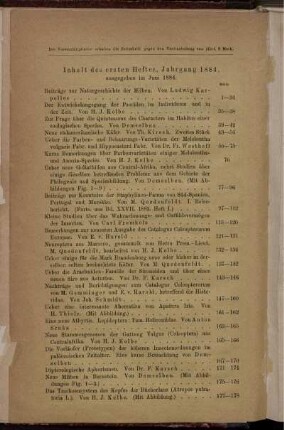 Inhalt des. ersten Heftes, Jahrgang 1884