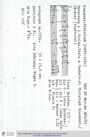 Ouverture a 2 Violin. Viola e Cembalo. di Christoph Graupner.