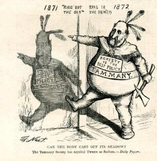 Can the body cast off it's shadow? The Tammany Society has expelled Tweed as Sachem. - Daily Papers : Tweed zeigt, als Indianer kostümiert, auf seinen Schatten