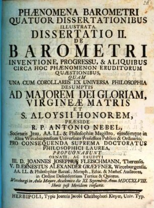 Phaenomena barometri, quatuor dissertationibus inaug. illustrata : Diss. II., de barometri inventione