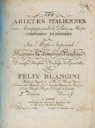 Six ariettes italiennes : avec accompt. de piano ou harpe. 1