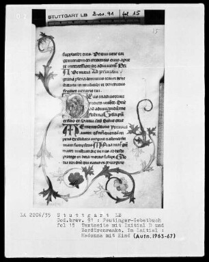 Gebetbuch des Konrad Peutinger — Initiale D (eus in adiutorium), darin Madonna mit Kind, Folio 15recto