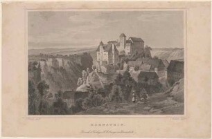 Die Stadt und die Burg Hohnstein in der Sächsischen Schweiz vom Galgenberg im Norden, aus Rohbocks und Koehlers Königreich Sachsen, Thüringen und Anhalt von 1857