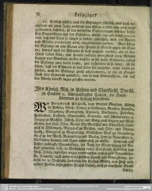 Ihro Königl. Maj. in Pohlen und Churfürstl. Durchl. zu Sachsen [et]c. Allergnädigstes Patent, die Nacht-Laternen zu Leipzig betreffend