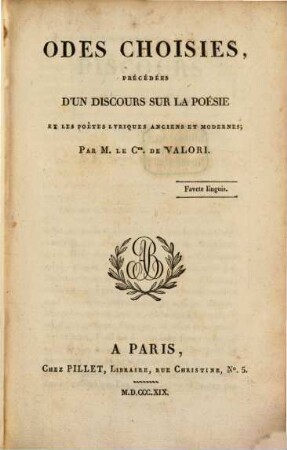 Odes choisies : précédées d'un discours sur la poésie et les poetes lyriques anciens et modernes