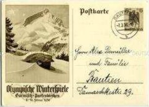 Postkarte zu den Olympischen Winterspielen 1936 in Garmisch-Partenkirchen