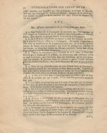 XVI. Des affaires intérieures de la Compagnie aux Indes