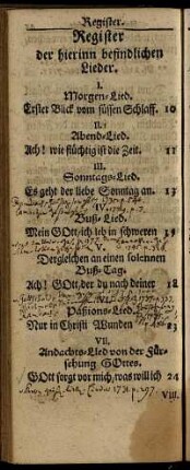 Register der hierinn befindlichen Lieder.