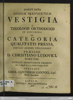 Disput. XXVII. Logicae Peripateticae Vestigia A Theologis Orthodoxis In Doctrina De Categoria Qualitatis Pressa ...