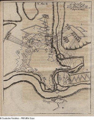 Grundriss der Festung von Luxemburg mit Einzeichnung der Belagerung und des Angriffs von französischen Truppen im Mai 1684