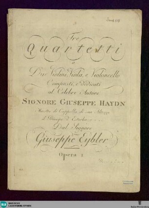 Tre quartetti a due violini, viola, e violoncello : opera I