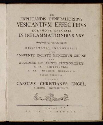 De Explicandis Generalioribvs Vesicantivm Effectibvs Eorvmqve Speciali In Inflammationibvs Vsv : Dissertatio Inavgvralis