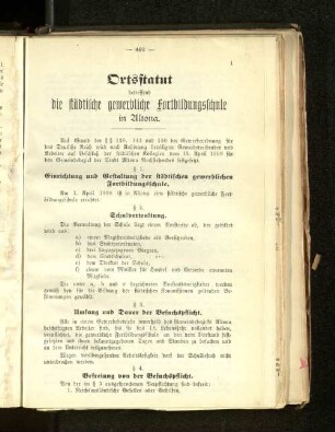 Ortsstatut betreffend die städtische gewerbliche Fortbildungsschule in Altona.
