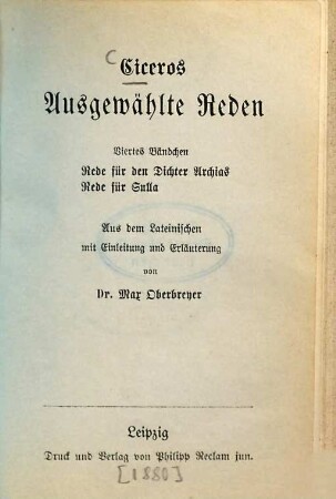 Ciceros Ausgewählte Reden, 4. Rede für den Dichter Archias