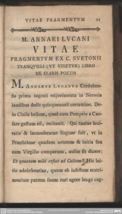 M. Annaei Lucani Vitae Fragmentum Ex C. Svetonii Tranquilli (Ut Videtur) Libro De Claris Poetis