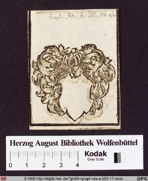 Leerer Wappenschild mit Spangenhelm nach heraldisch rechts und Helmdecke aus Akanthuslaub