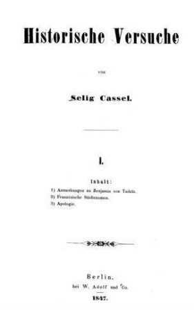Historische Versuche / von Selig Cassel [d.i. Paulus Cassel]