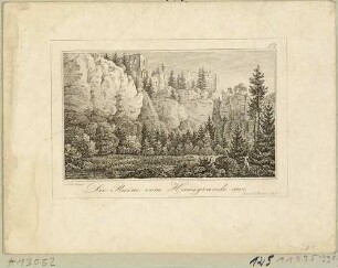 Die Ruinen auf dem Berg Oybin im Zittauer Gebirge aus dem Hausgrund gesehen, aus Carl Peschecks "Oybin bei Zittau in 12 Ansichten ..." (erweiterte Auflage?)