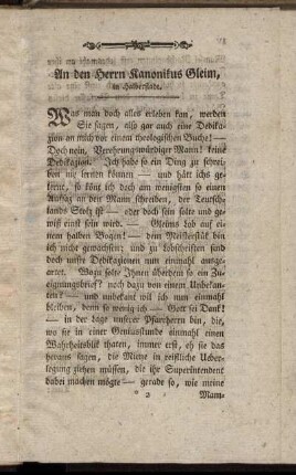 An den Herrn Kanonikus Gleim, in Halberstadt.