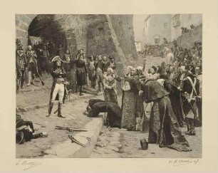 Ünterwerfung der Stadt Toulon: General Napoleon Bonaparte in Siegespose hinter dem Stadttor, im Vordergrund ein Petitionszug von Mönchen und bürgerlichen Würdenträgern, am linken Rand Truppen, Verwundete, ein Toter