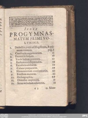 Index Progymnasmatum Primi Voluminis.
