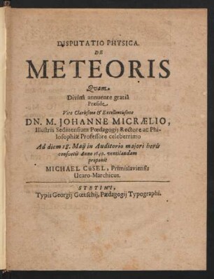 Disputatio Physica. De Meteoris