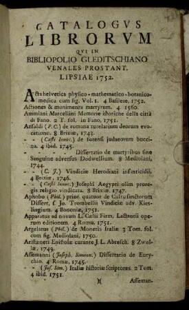 Catalogvs Librorvm Qvi In Bibliopolio Gleditschiano Venales Prostant