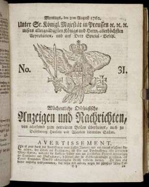 No. 31. Montags, den 2ten August 1762.