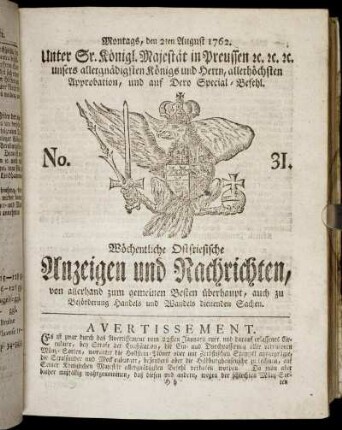 No. 31. Montags, den 2ten August 1762.