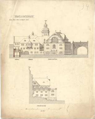 Kempfle, Matthias; ohne Ort; Badeanstalt - Hofseite (Ansicht m. Schnitt), Hofseite, Kluse u. Kesselhaus (Ansicht m. Schnitt)