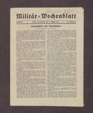 Ausgabe des Militär-Wochenblatt (Nr. 6, Jh. 107)