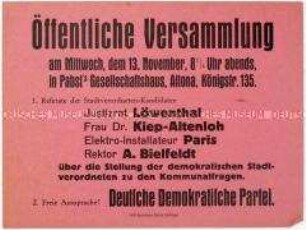 Ankündigung einer Versammlung der Deutschen Demokratischen Partei in Altona zur bevorstehenden Stadtverordnetenwahl