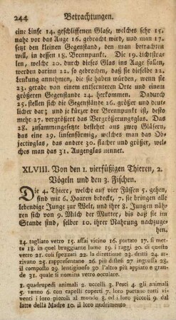 XLVIII. Von den 1. vierfüßigen Thieren, 2. Vögeln und den 3. Fischen