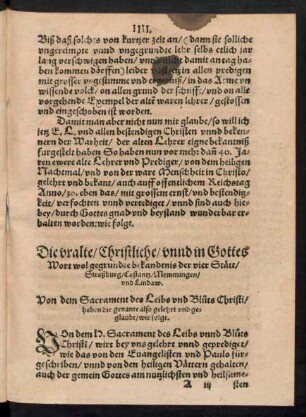 Die uralte/ Christliche/ unnd in Gottes Wort wol gegründte bekandtnis der vier Stätt/ Straßburg/ Constantz/ Memmingen/ und Lindaw.