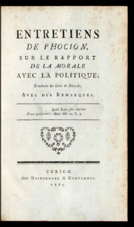 Entretiens De Phocion, Sur Le Rapport De La Morale Avec La Politique