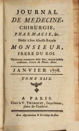 Journal de médecine, chirurgie, pharmacie. 49. 1778