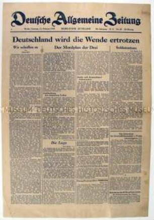 Tageszeitung "Deutsche Allgemeine Zeitung" mit Durchhaltepropaganda und Hetze gegen die Alliierten