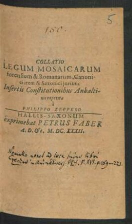 Collatio Legum Mosaicarum forensium & Romanarum, Canonici item & Saxonici iurium