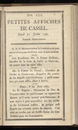 No CIII (Lundi 11 Juillet 1785)