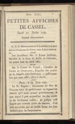 No CIII (Lundi 11 Juillet 1785)