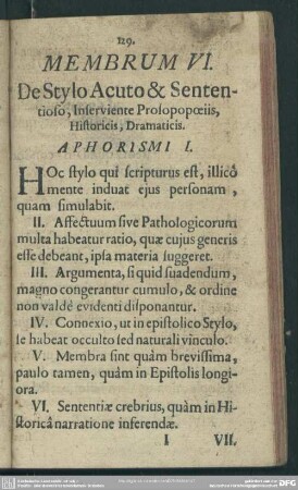 Membrum VI. De Stylo Acuto & Sententioso, Inserviente Prolopopoeiis, Historicis, Dramaticis