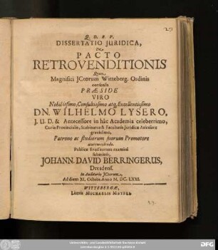 Dissertatio Iuridica, De Pacto Retrovenditionis
