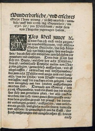 Wunderbarliche/ und erschreckliche Newe zeitung/ so sich newlich/ nemlich/ auff den xxviii. tag Septembris/ im 1538. jar/ inn Welschland/ nicht fern von Neapolis zugetragen haben.