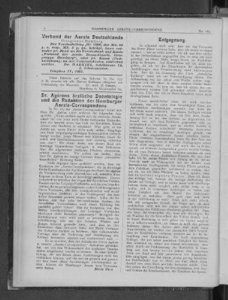 Dr. Agérons ärztliche Deontologie und die Redaktion der Hamburger Aerzte-Correspondenz.