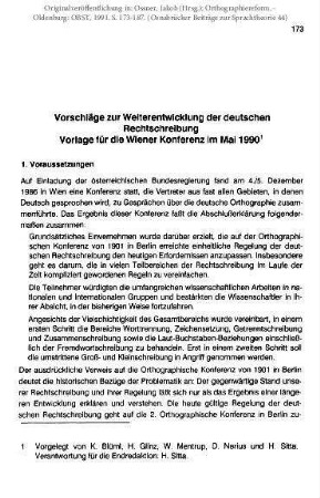 Vorschläge zur Weiterentwicklung der deutschen Rechtschreibung. Vorlage für die Wiener Konferenz im Mai 1990