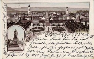 Postkartenalbum. "Gruss aus Karlsruhe". Stadtpanorama vom Schlossturm, Friedrichsdenkmal